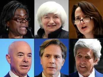 De izquierda a derecha, Linda Thomas-Greenfield, Janet Yellen y Avril Haines. Abajo, Alejandro Mayorkas, Antony Blinken y John Kerry. (AFP)