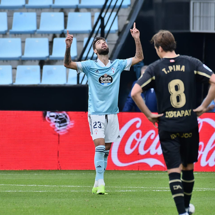 Brais Méndez celebra uno de los dos goles que ha marcado ante el Alavés. (RC CELTA)