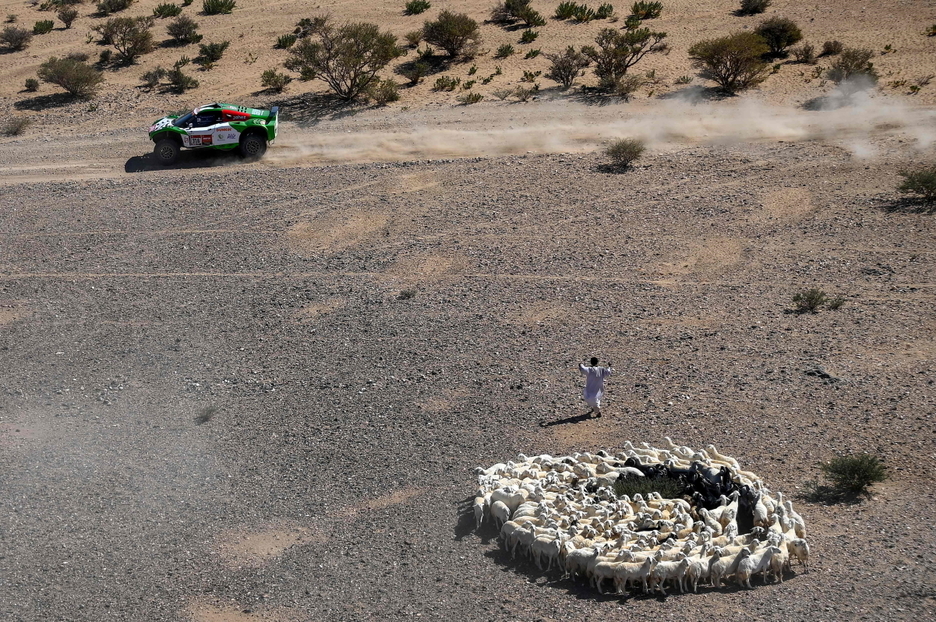 El piloto Nani Roma y un pastor de Arabia Saudí. (Franck FIFE / AFP) El piloto Nani Roma y un pastor de Arabia Saudí. (Franck FIFE / AFP)