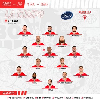 El XV del Biarritz Olympique para enfrentarse al Vannes.