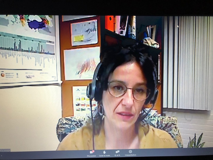Leire Diaz de Gereñu Lasaga EKEk antolatu online mintzaldia ematen. (NAIZ)