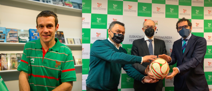 Alde batean Koikili futbolari ohia eta bestean Javier Landeta bere taldea osatzen duten Carlos Gomez eta Jon Larrearekin.