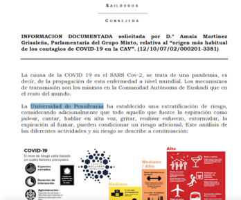 Imagen de la respuesta enviada por la consejera al Parlamento donde se refiere al informe de Pensilvania.