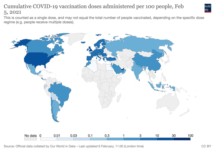 Dosis de vacunas administradas por países a 5 de febrero (Mapa: Our World in Data)