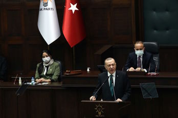 El presidente turco, Recep Tayyip Erdogan, en una reciente intervención ante miembros de su partido. (Adem ALTAN / AFP) 