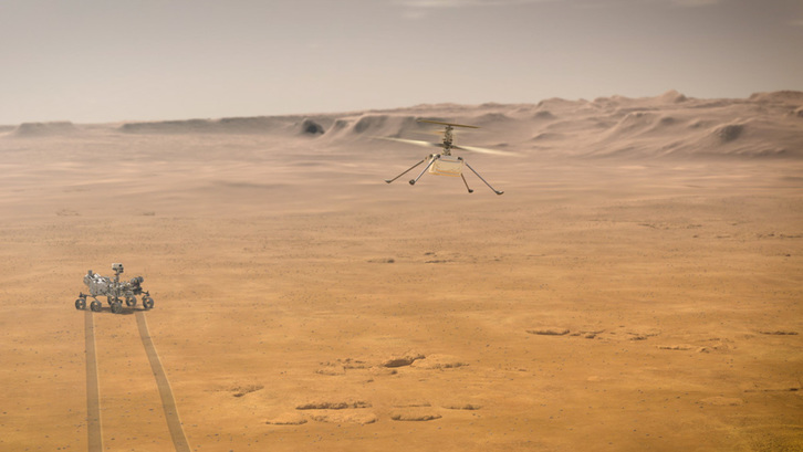 Ilustración del helicóptero Ingenuity volando sobre Marte, con el rover Perseverance en la superficie. (NASA-JPL)