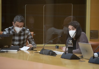 Inaxio Oiarzabal eta Eztizen Artola, Iratiren kasuaren berri ematen Gasteizko Legebiltzarrean. (Raul BOGAJO/FOKU)