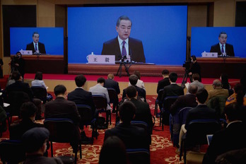 Rueda de prensa virtual del ministro chino de Asuntos Exteriores Wang Yi (Foto: Noel CELIS | AFP)