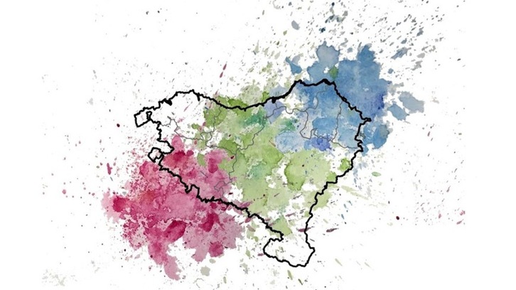 Representación de la estructura genética en Euskal Herria: el verde simboliza a los vascos; el azul y el rojo, mezcla con poblaciones circundantes. (André FLORES-BELLO)
