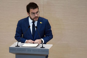 Pere Aragonès, en su intervención en la segunda sesión de investidura. (Josep LAGO / AFP)