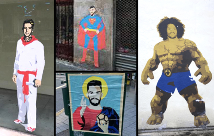 Varios jugadores de Osasuna, representados bajo la original perspectiva del artista urbano LKN.