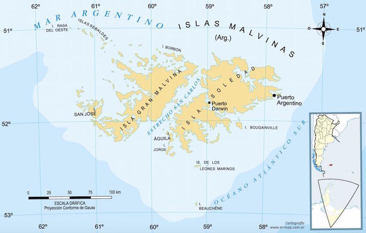 Mapa del hemisferio sur que indica la localización de las Malvinas junto a Argentina. (NAIZ)