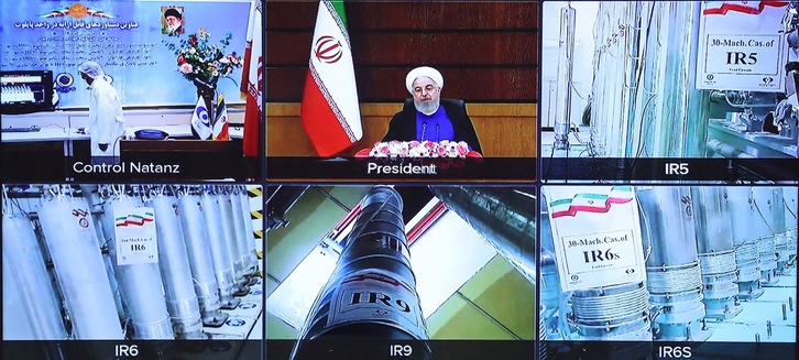 Imagen proporcionada por la oficina de la Presidencia iraní este domingo, que muestra vistas de la planta de Natanz y al presidente del país Hassan Rouhani. (AFP)