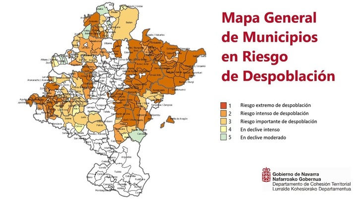 Mapa de Nafarroa en el que se destacan los municipios en riesgo de despoblación. (GOBIERNO DE NAFARROA)