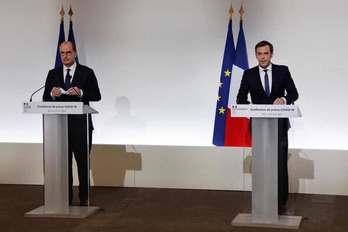 El primer ministro galo, Jean Castex, junto al titular de Sanidad, Olivier Véran. (LUDOVIC MARIN / AFP))