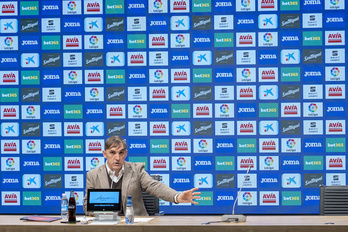 Fran Garagarza durante su última comparecencia en Ipurua, el pasado febrero. (Gorka Rubio/Foku)