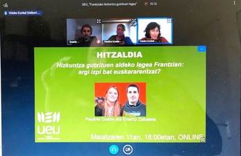 Eneritz Zabaleta eta Pauline Guellek UEUk antolatuta eskaini zuten online mintzaldia. (NAIZ)