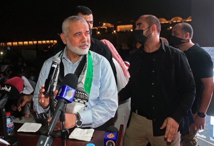 El jefe político de Hamas, Ismail Haniyeh, en un acto celebrado en Doha, la capital de Qatar, el pasado 15 de mayo. (Karim JAAFAR | AFP)