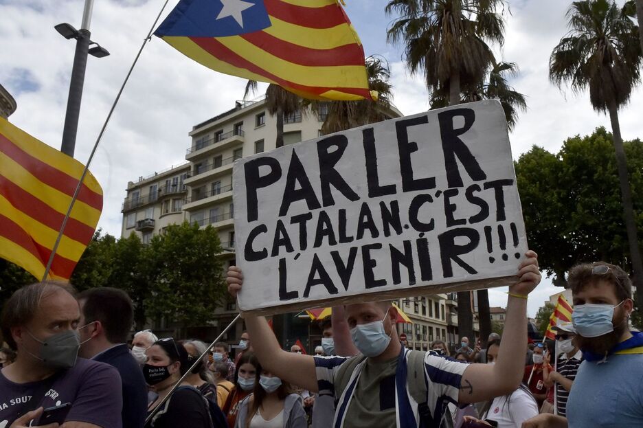 Manifestantes marchan en Perpignan para defender los idiomas minorizados. (Raymond ROIG/AFP)