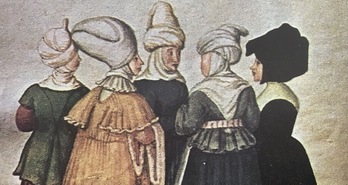 Grupo de mujeres navarras del siglo XVI en el que aparecen una viuda a la derecha con su vestimenta negra de luto. (NAIZ)
