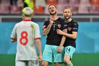 Arnautovic después de marcar un gol en el partido frente a Macedonia del Norte. Daniel MIHAILESCU / AFP)