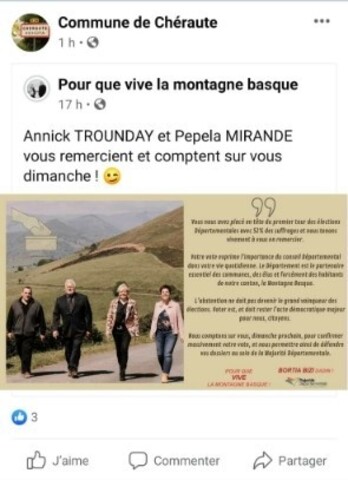 La publication partagée appelle les électeurs à voter pour le binôme de centre-droit dimanche prochain. (Capture d'écran)