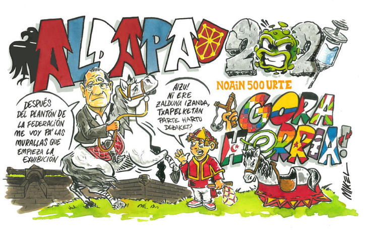 En la pancarta de Aldapa no faltan los grandes temas de este año: el covid y los no sanfermines hípicos de Maya. (NAIZ)