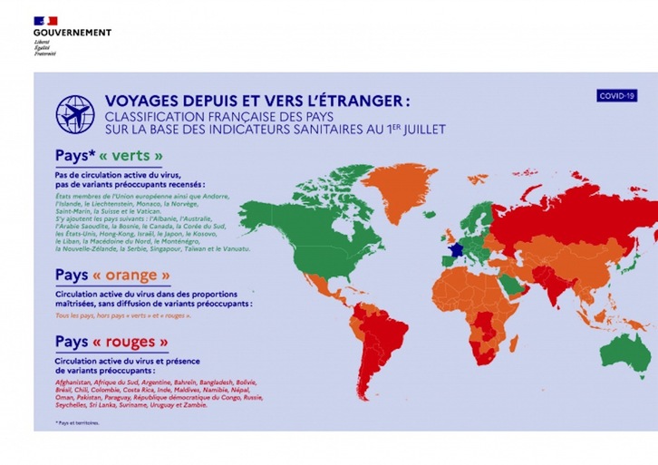 Todos los países de la UE figuran en verde en el mapa del Ministerio francés de Asuntos Exteriores. (NAIZ)