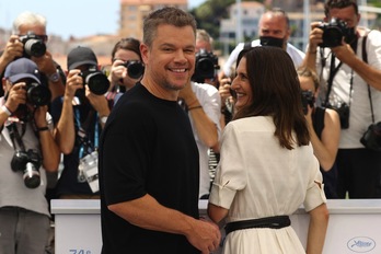 Matt Damon y Camille Cottin defendieron el thriller «Stillwater», proyectado fuera de concurso. (Valery HACHE / AFP)