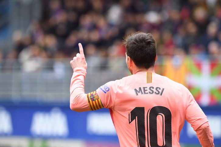 Messi, tras marcar un gol en Ipurua con la camiseta culé. (Jon URBE | FOKU)
