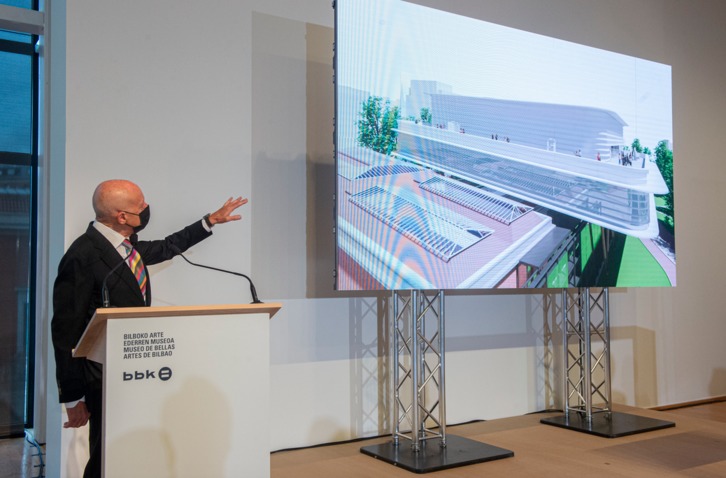 Norman Foster en la presentación del avance del proyecto de ampliación del Bellas Artes de Bilbo. (Luis JAUREGIALTZO | FOKU)