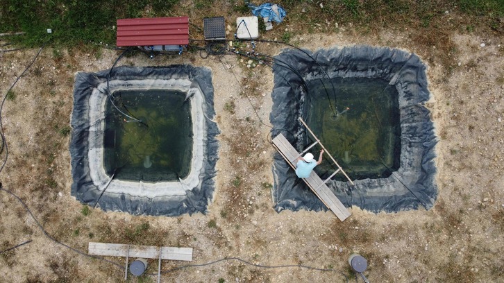 Un técnico comprueba la calidad del agua de los depósitos de la planta de tratamiento de aguas residuales en la localidad occitana de Saint-Jean-de-Cornies. (Sylvain THOMAS/AFP)