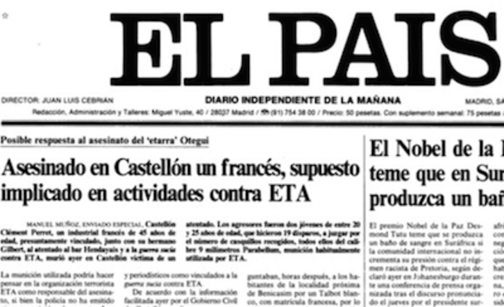 ‘El País’ presentó así la muerte de Perret en atentado de ETA en 1985. El Memorial recoge el artículo en su tuit pero lo rebaja a «industrial».