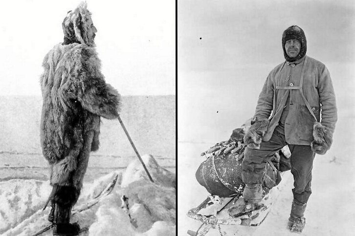 El explorador noruego Roald Amudsen y el capitán británico Robert Falcon Scott en la Antártida, en 1909 y 1911 respectivamente. (WIKIMEDIA COMMONS)