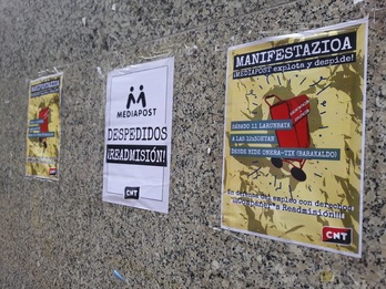 Carteles sobre la manifestación convocada por CNT en Barakaldo para denunciar el despido de dos delegados en Mediapost. (CNT)