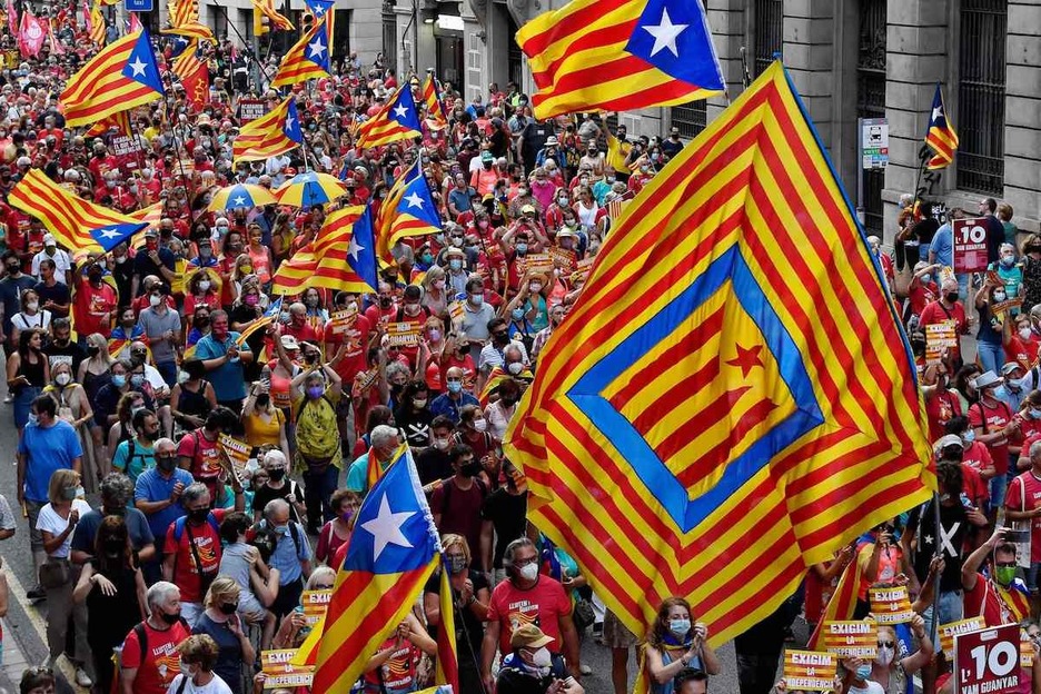 Banderas esteladas durante la movilización. (Pau BARRENA/AFP)