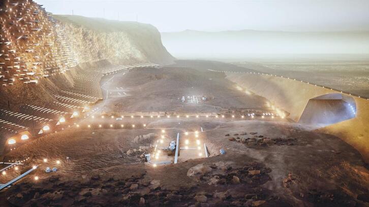 Diseño de cómo podría ser el exterior de una de las ciudades de Marte. (ABIBOO Studio - SONet) 