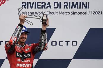 Bagnaia celebra su segunda victoria de la temporada. (Andreas SOLARO / AFP)