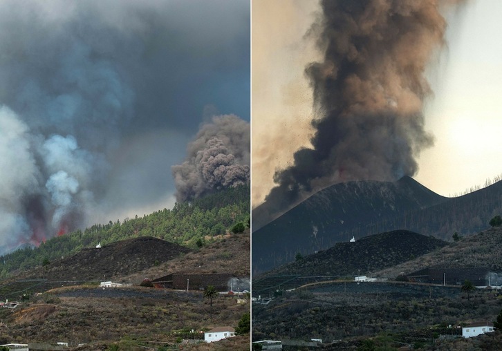 En este combo, la imagen de la izquierda muestra el volcán el día en que entró en erupción, el pasado domingo; a la derecha, la misma área fotografiada este sábado. (Desiree MARTIN/AFP)