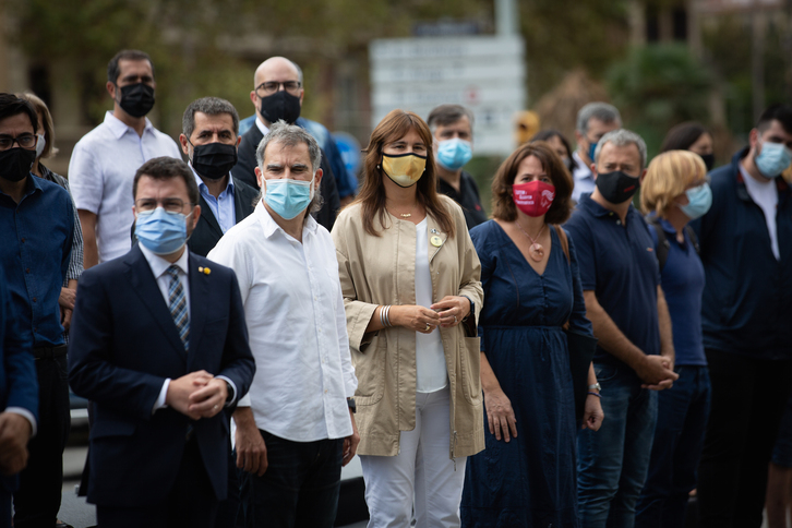 El president, Pere Aragonès, Jordi Cuixart (Òmnium), la presidenta del Parlament, Laura Borràs, y Elisenda Paluzie (ANC), ayer en Barcelona. (David ZORRAKINO/EUROPA PRESS)