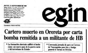 La noticia del atentado de guerra sucia, en la portada de «Egin».