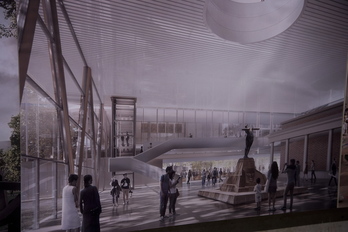 La escultura de la musa Euterpe, en homneaje a Arriaga, queda dento del vestíbulo en el proyecto de Foster. (Luis JAUREGIALTZO / FOKU)