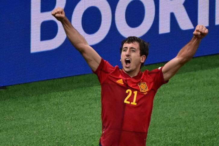 Mikel Oyarzabal celebra su gol en su último partido en la final de la Nations League. (Miguel MEDINA/AFP) 