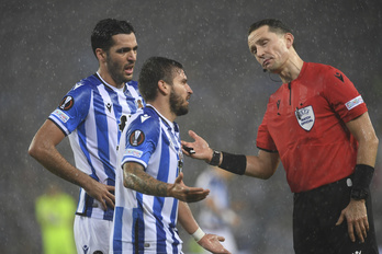Portu, que reclama un penalti el jueves ante el Sturm Graz, no ha marcado en sus quince partidos de esta temporada. (Jon URBE/FOKU)