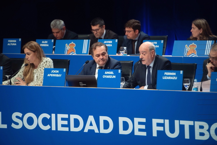 Jokin Aperribay, en una de las Juntas de Accionistas con la Real en el Kursaal. (Jon URBE/FOKU)