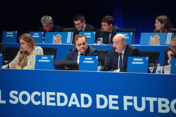 Jokin Aperribay, en una de las Juntas de Accionistas con la Real en el Kursaal. (Jon URBE/FOKU)