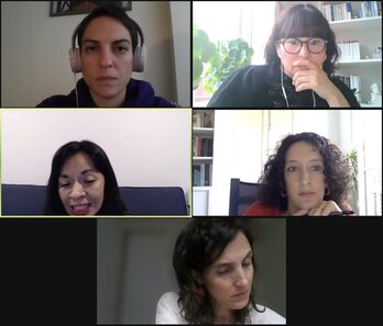 Paraskeva-Veloudogianni, Delgado, Martínez y Rodó Zarate; abajo, la moderadora Itziar Gandarias. (MARXFEM)