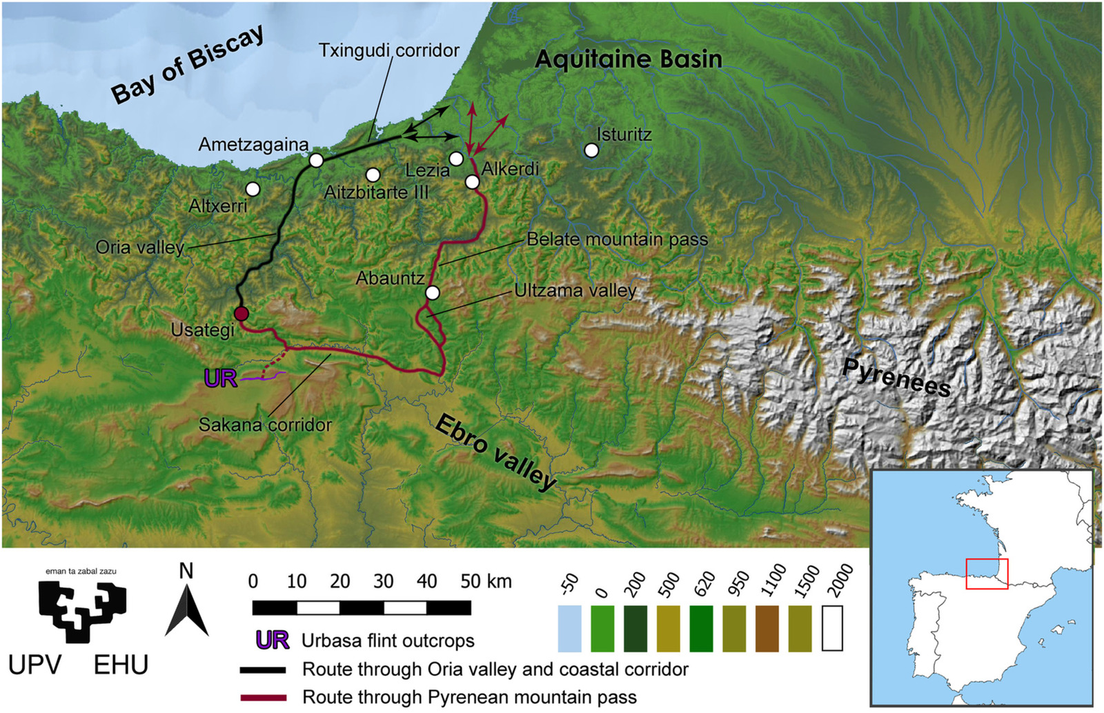 Mapa honek ikerketak proposatutako Pirinioetako ibilbide alternatiboa eta Pirinioetako bi isurialdeen arteko korridore nagusiak, Txingudikoak, dakarren ibilbidea erakusten ditu. (Oinarrizko planoa: Maite GARCIA-ROJAS)