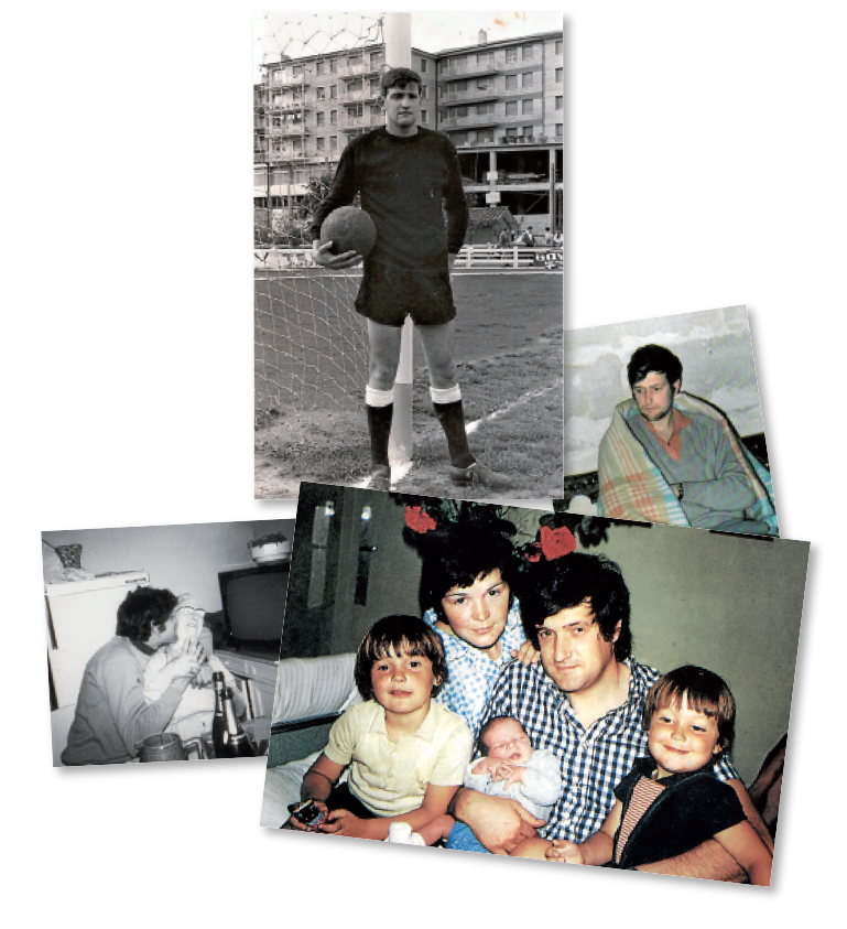 Goitik behera, Txomin, Mondra futbol taldeko atezain zela; 1970ean Baionako katedralean egindako gose greban; Maite eta hiru semeekin batera; eta Angela Barriolarekin, Mayiren aitona Ebaristoren arreba. (Argazkiak: Iturbe-Ormaetxea sendia | Punto y Hora | Mayi Barriola)