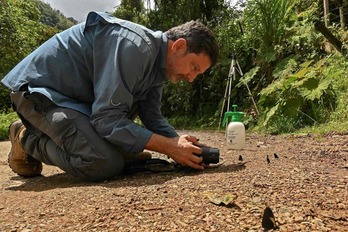 Juan Guillermo Jaramillo, fotografiando una mariposa.